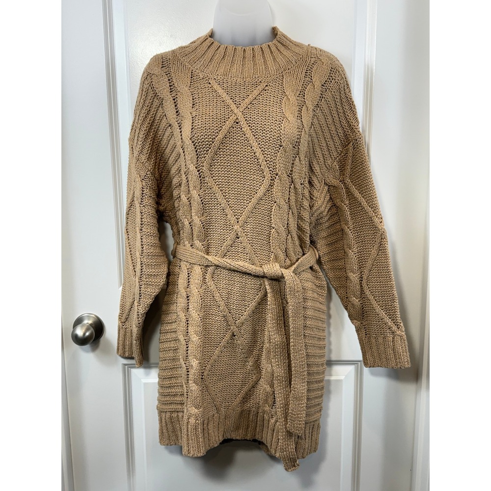 Amadi Womens Tan Cable Knit Mock Neck Belted Sweater Dress Small Grandmacore S